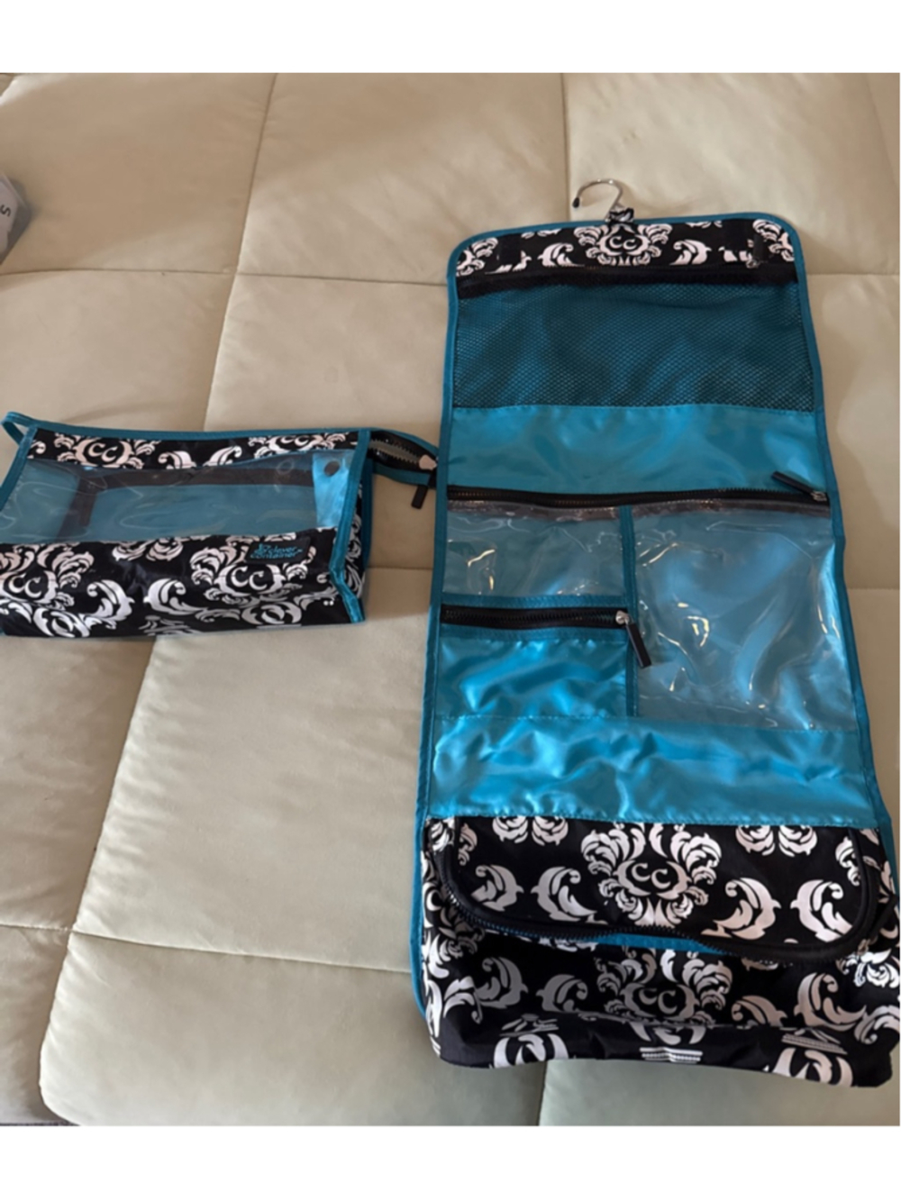 Black White Damask Hanging Toiletry Organizer Set w/ Matching Cosmetic Bag